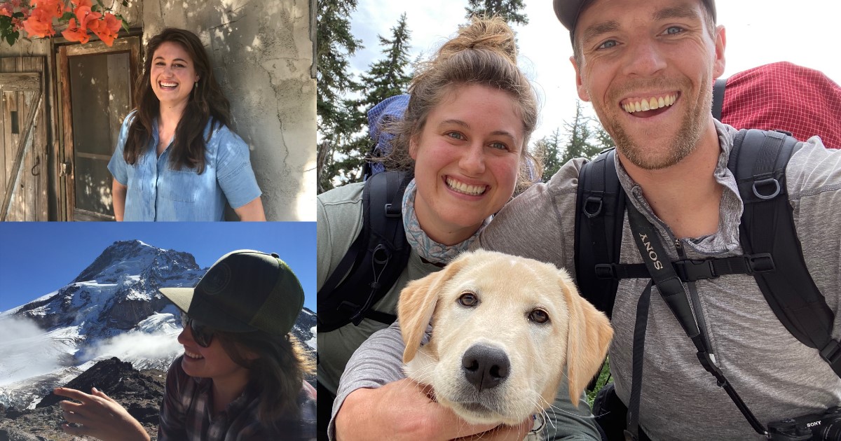 Clockwise from top left: Megan Streeter; Megan and her husband, Jake, and dog, Marty, hiking near Glacier Peak in the North Cascades in Washington; Megan at Mt. Hood in Oregon.